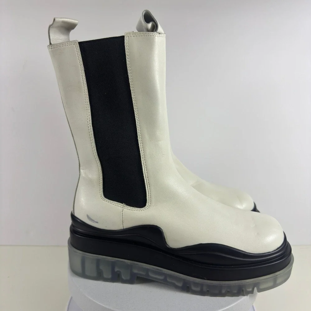 White Leather Platform Chelsea Boots Chunky Lug Sole Mid Calf Womens Size 7